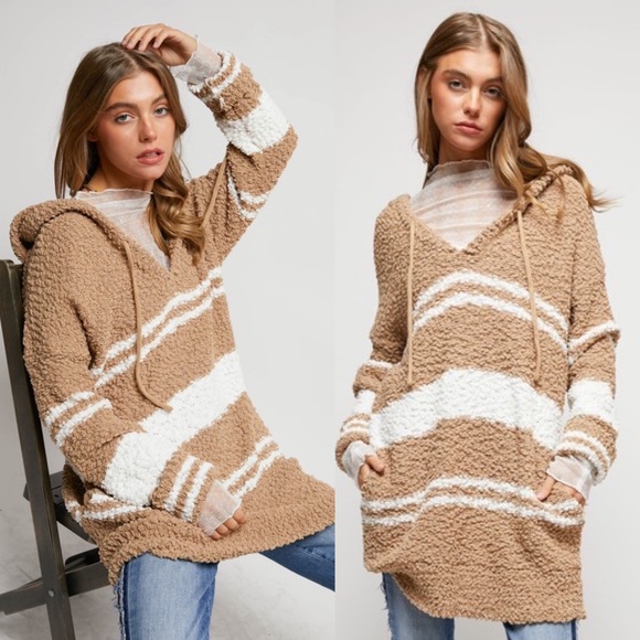 Sweaters - White & Camel Stripe Hoodie Sweater